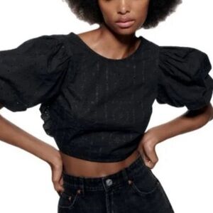 Zara Eyelet Embroidered Crop Puff Sleeve Top